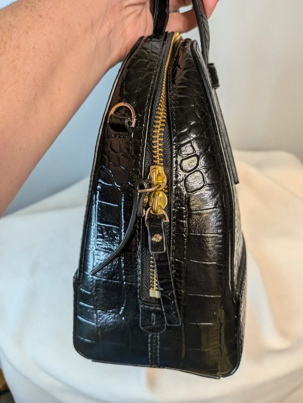 Kate Spade Black Glossy Croc Leather Satchel Handbag